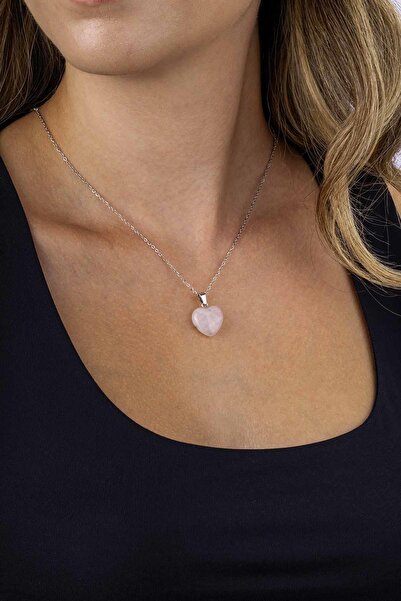 Gümüş Pazarım Heart Cut Original Quartz Natural Stone Steel Chain Women's Necklace