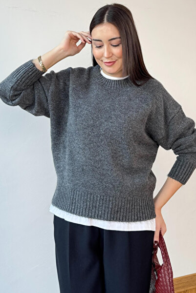 Cappmoda Trk-8181 Smoked Crew Neck Knitwear College Sweater