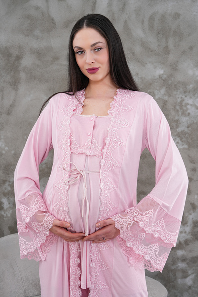 Lohusa Homewear Дамски розов дантелен халат с принцески ръкави за бременни и ...