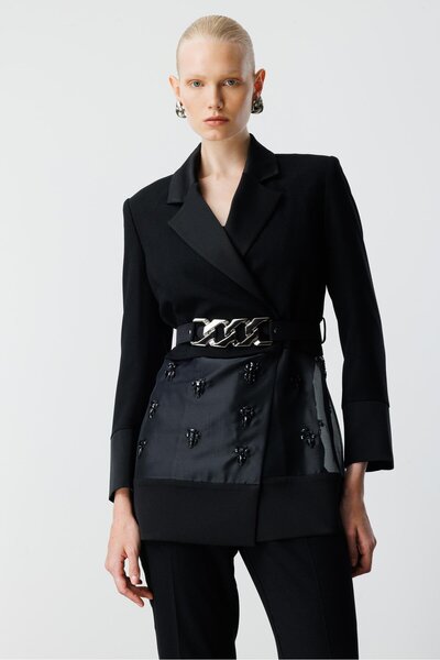 Moda İlgi Modailgi Beli Kemerli Organze Detaylı Kruvaze Ceket - 40111 Siyah