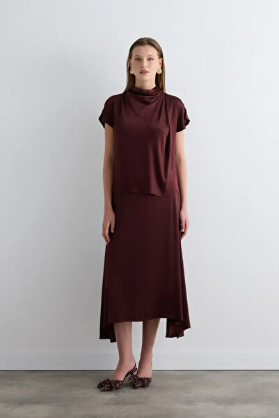 Gusto Degaje Yaka Viskon Saten Bluz - Bordo