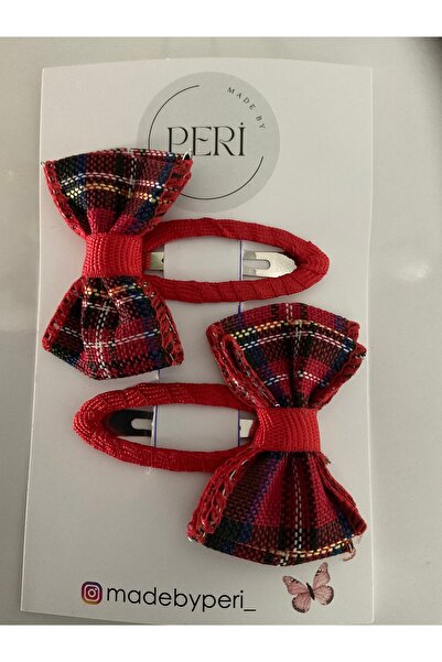 MADE BY PERİ Red Plaid Bow Hair Clip Set of 2