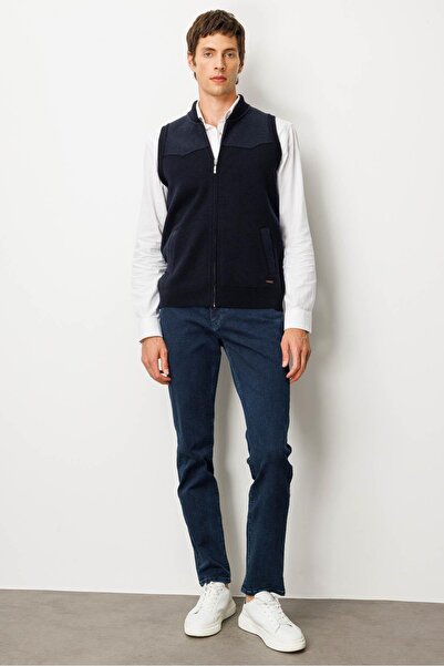 Desen Triko Men's Judge Collar Felt Wool Vest with Chest and Pocket, Dark Blue