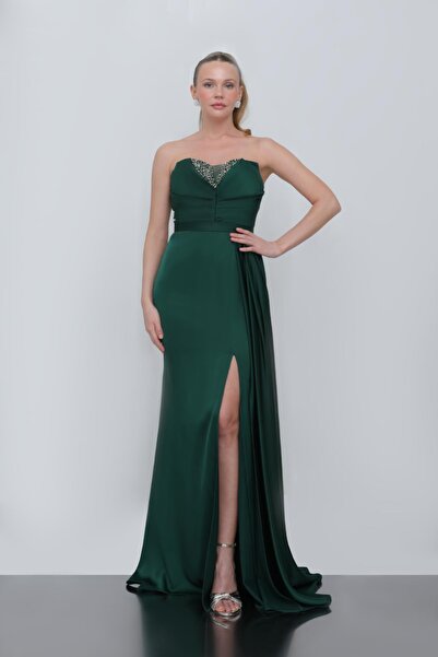 Dans Tekstil Straplez Yırtmaçlı Uzun Dar Kesim Abiye Elbise Zümrüt Yeşili