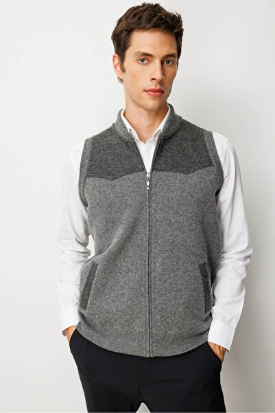 Desen Triko Men's Judge Collar Felt Wool Vest with Chest and Pocket Details Smoked