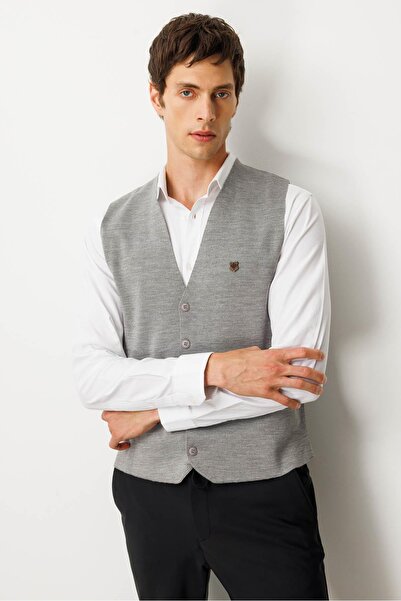 Desen Triko Men's V-Neck Plain Wool Vest A.Grey
