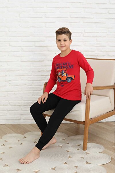 Şekerkids Boy's Cotton Combed Fabric Red-Black Color Character Detailed Pajama Set