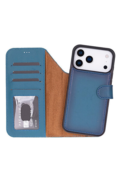 PLM Apple iPhone 17 Pro Max için, Hakiki Deri, El Yapımı Cüzdanlı Kılıf, Mags...