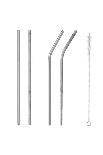 SHOPIENS Set 4 reusable stainless steel straws Shopiens, straight and curved, silver marble look with cleanin