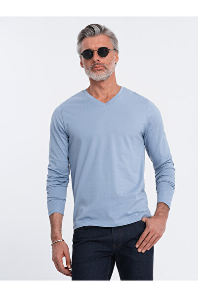 OMBRE Ανδρικό μακρυμάνικο χωρίς στάμπα με στρογγυλή λαιμόκοψη - μπλε τζιν V9 OM-LSBL-0108 XL