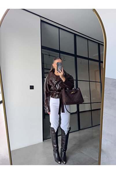 BB Bensu Buyruk DİK YAKA ACI KAHVE DERİ TRENÇKOT