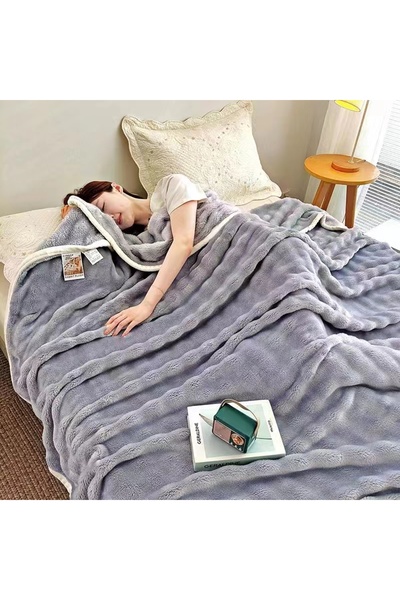 OEM Patura pufoasa pat dublu, din blanita artificiala de iepure, practica, te...