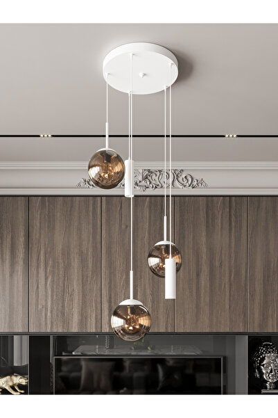 avizade VİENNA Modern Beyaz Metal Gövdeli 5'li Sarkıt Avize - 3 Bal Cam Küre ...