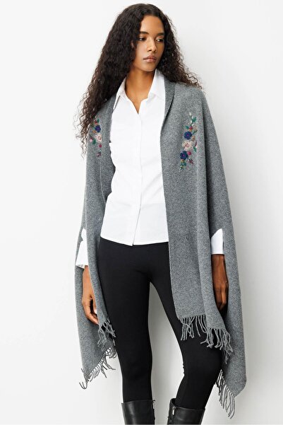 Desen Triko Women's Embroidered Collar, Sleeves Through, Large Wool Poncho, Smoked