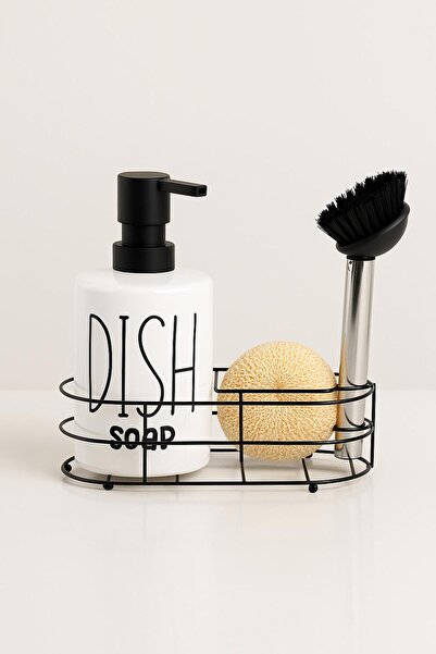 ALLEGRI Beyaz Seramik Metal Stantlı Süngerli Fırçalı Tezgah Üstü Mutfak Banyo Sıvı Sabunluk Takımı 500 ML