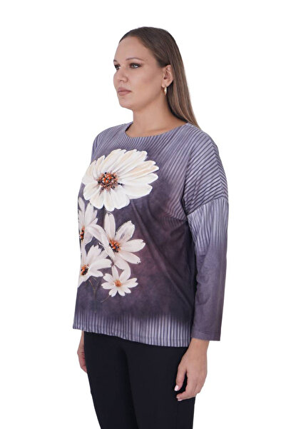 lavelina بلوزة نسائية أنيقة كبيرة الحجم بتفاصيل زهرية باللون الأنثراسيت