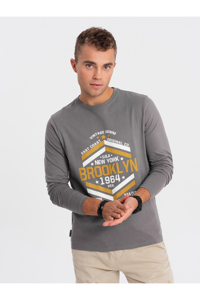 OMBRE Pánské tričko s dlouhým rukávem ve vysokoškolském stylu s potiskem - šedé V1 OM-LSPT-0117 M