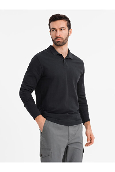 OMBRE Ανδρικό πόλο με γιακά BASIC μακρυμάνικο - μαύρο V2 OM-POBL-0114 M