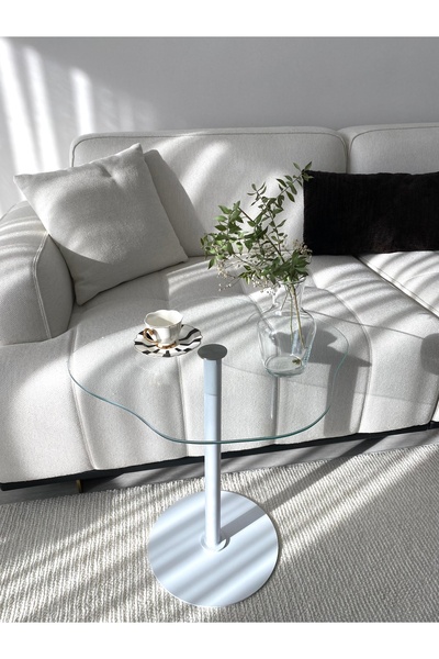 MONEayna WİCCİ Dekoratif Cam Beyaz Zigon Yan Sehpa