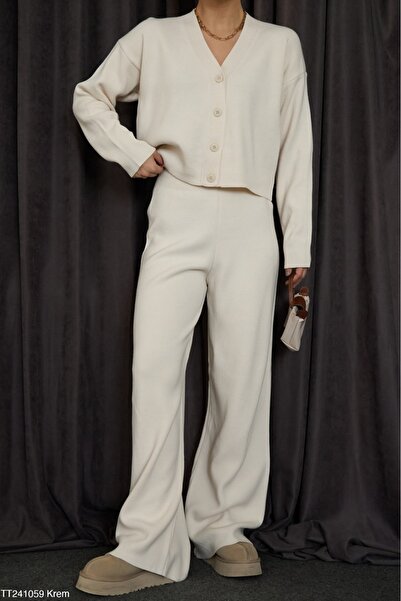 CADDELAMODA Жіночий кардиган з V-подібним вирізом та ґудзиками, широкі штани