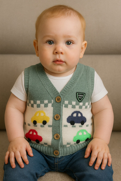 Uğur bebe Yeşil Erkek Bebek Arabalı Triko Yelek Yumuşacık, Sıcacık ve Güven Veren Konfor