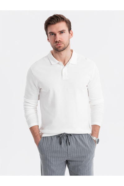 OMBRE Ανδρικό μακρυμάνικο μπλουζάκι BASIC με γιακά πόλο - λευκό V1 OM-POBL-0114 S