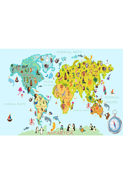 VIODESIGN Fototapet Copii, Harta cu Animale in Romana, autoadeziv, multicolor...