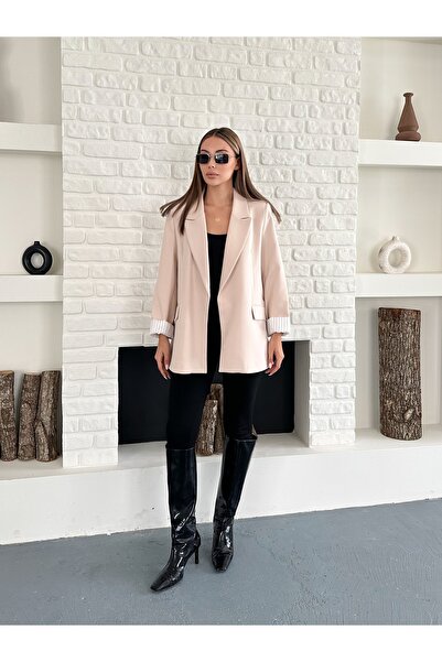 Femistik Kadın Cep Detaylı Düğmesiz Premium Bej Blazer Ceket