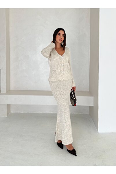 b buhari bykoc Long Sleeve Pocketed Button Detail Women's Knitwear Long Skirt Suit