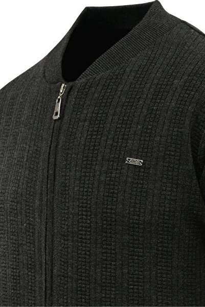 Çizgi Triko Men's Plus Size Lined Knitwear Coat with High Collar, Steel Knit Pattern, Classic Fit - 5209Tb