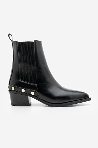 Marjin Women's Pointed Toe Chelsea Double Elastic Trock Studded Heeled Boots Alura Black