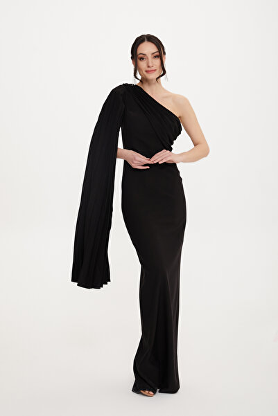 Stylish فستان طويل باللون الأسود ون شولدر