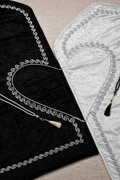 ihvan online Σετ χαλιών προσευχής με σχέδιο καρδιάς για ζευγάρια, δώρο για νύφη και γαμπρό, σετ χαλιών προσευχής με πορτοφόλι - Γκρι