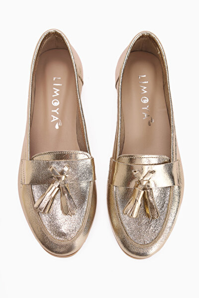 Limoya Doris Genuine Leather Gold Metallic Tasseled Women's Loafer Shoes