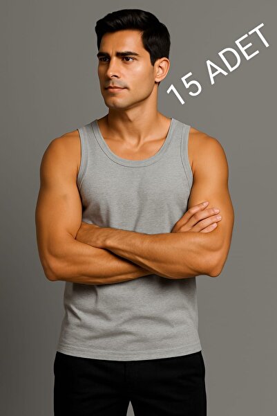 enmodaiçgiyim Gray 15-Pack Cotton Combed Classic Men's Tank Tops – Breathable, Comfortable Fit, Everyday Wear
