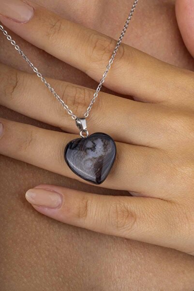 Gümüş Pazarım Heart Cut Original Veined Agate Natural Stone Women's Necklace with Steel Chain