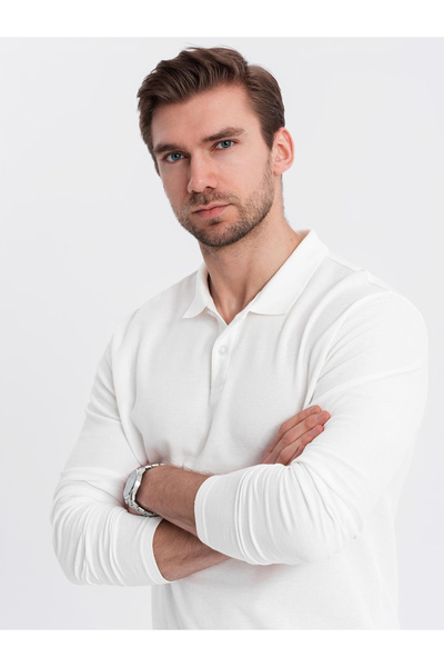 OMBRE Ανδρικό μακρυμάνικο μπλουζάκι BASIC με γιακά πόλο - λευκό V1 OM-POBL-0114 S