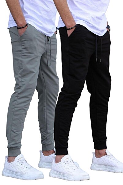 Madmext Siyah/Füme Paçası Lastikli 2'Li Paket Erkek Eşofman Altı E7446