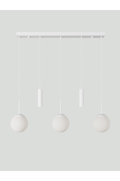 avizade NARA Beyaz Metal Gövdeli 5'li Modern Sıralı Sarkıt Avize- 2 Spot Led 3 Beyaz Cam Küre Avize