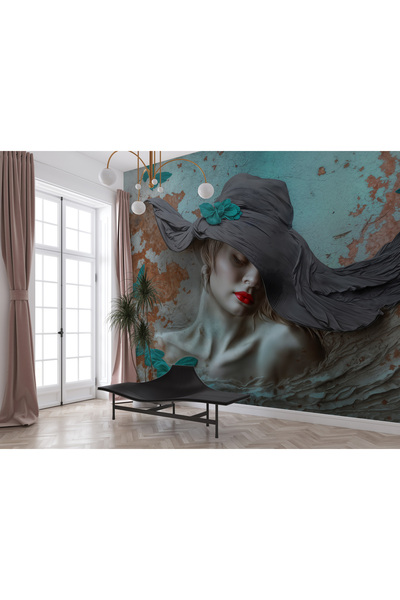 Tasarım Şapkalı Kadın Kırmızı Ruj Eskitme Duvar Güzel Kadın Sanatsal Güzellik...