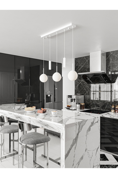 avizade NARA Beyaz Metal Gövdeli 5'li Modern Sıralı Sarkıt Avize- 2 Spot Led 3 Beyaz Cam Küre Avize