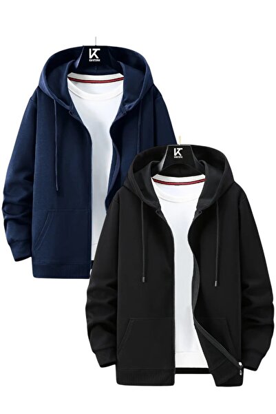 Karatopak 2'li Kapüşonlu Unisex Fermuarlı Sweatshirt / Hırka