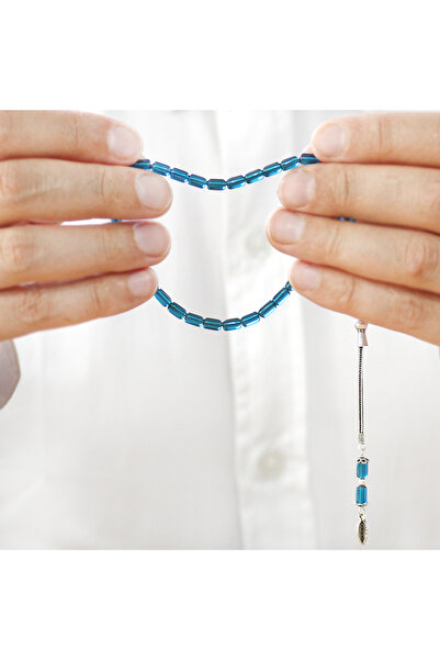 Tesbihane Ateş Kehribar Tesbih - 925 Ayar Gümüş Zincir Püsküllü - Bilek Boy - Mavi Renk - Kapsül Kesim
