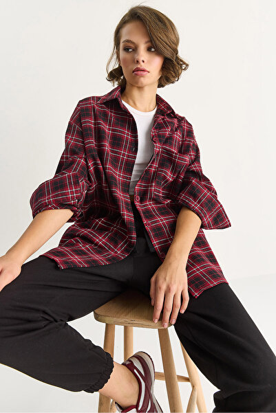 Bianco Lucci Kadın Tek Cep Detaylı Oversize Ekose Gömlek 513 60283572