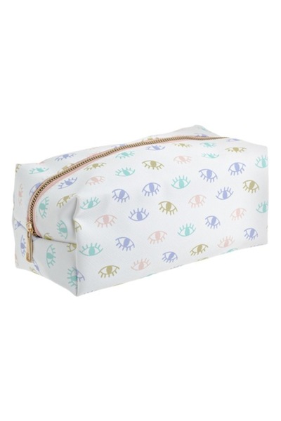 SHOPIENS Лятна козметична Чанта Shopiens®, бяла с многоцветен мотив на очи и ...