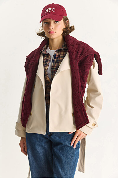 Bianco Lucci Kadın Dik Yaka Kuşak Detaylı Astarlı Oversize Kısa Trençkot 26-004 60283556