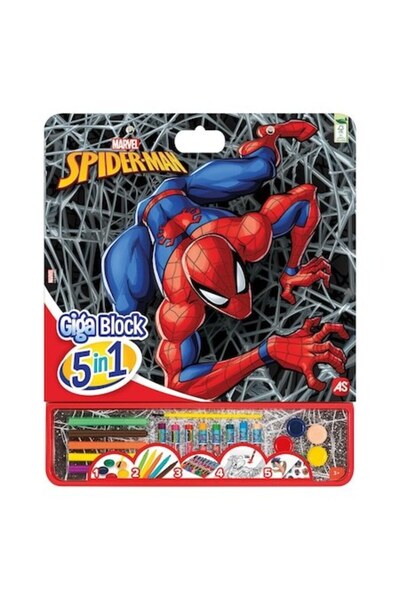SHOPIENS Set de Colorat Giga Block Spiderman 5in1, 25 File, Acuarele, Carioci, Creioane si Autocolante, 35x42
