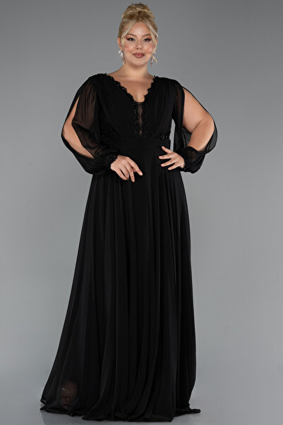 Abiyefon Siyah Uzun Kol V Yaka Şifon Büyük Beden Abiye ABU5276