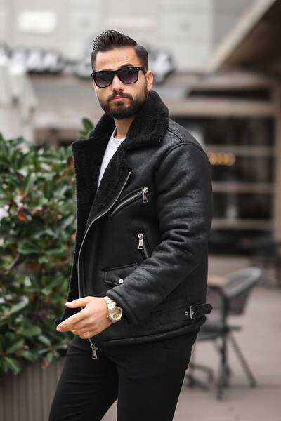 BASEL.CO Αποκλειστικό ανδρικό παλτό Biker με επένδυση από γούνα - Premium χειμερινό στυλ