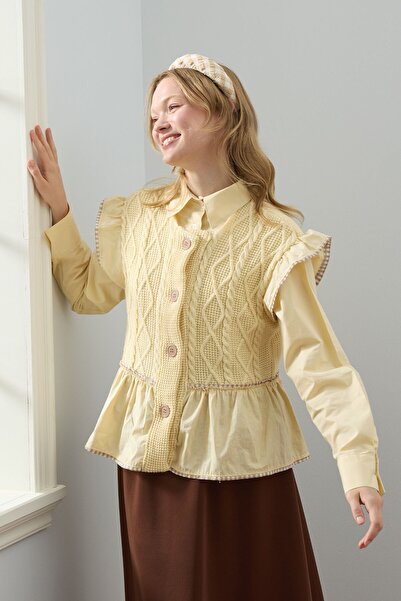 Ceylan Otantik Плетен кардиган в цвят маслено жълто с набори